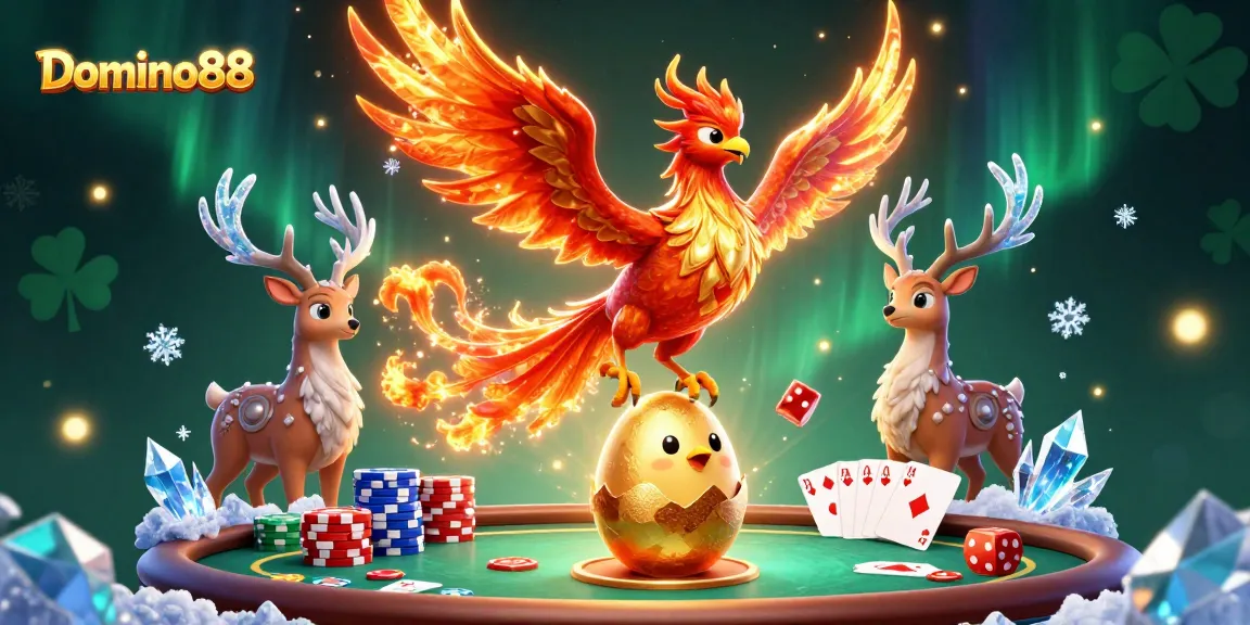 Engage with Domino88 poker action featuring a vibrant 3D phoenix scene and colorful casino elements for online gamblers.