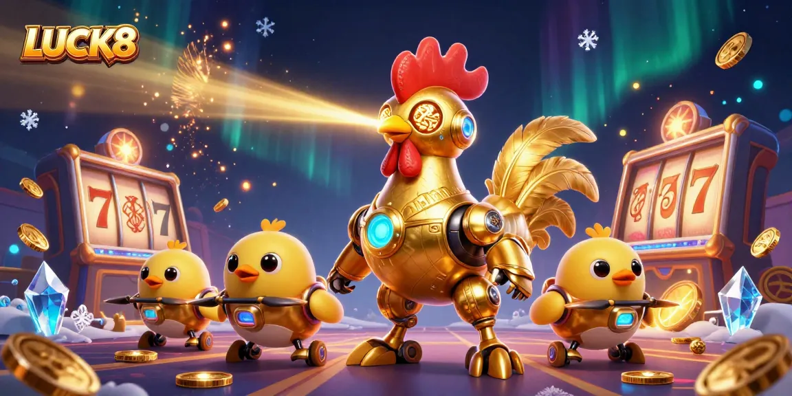 Engage in thrilling slots action, witnessing LUCK8's golden rooster robot with dynamic casino elements.