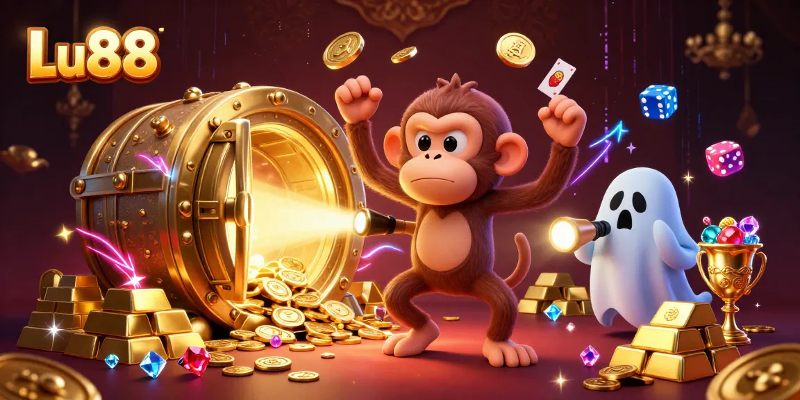 Lu88 casino scene showcasing a playful poltergeist monkey juggling chips and coins with a curious puppy.