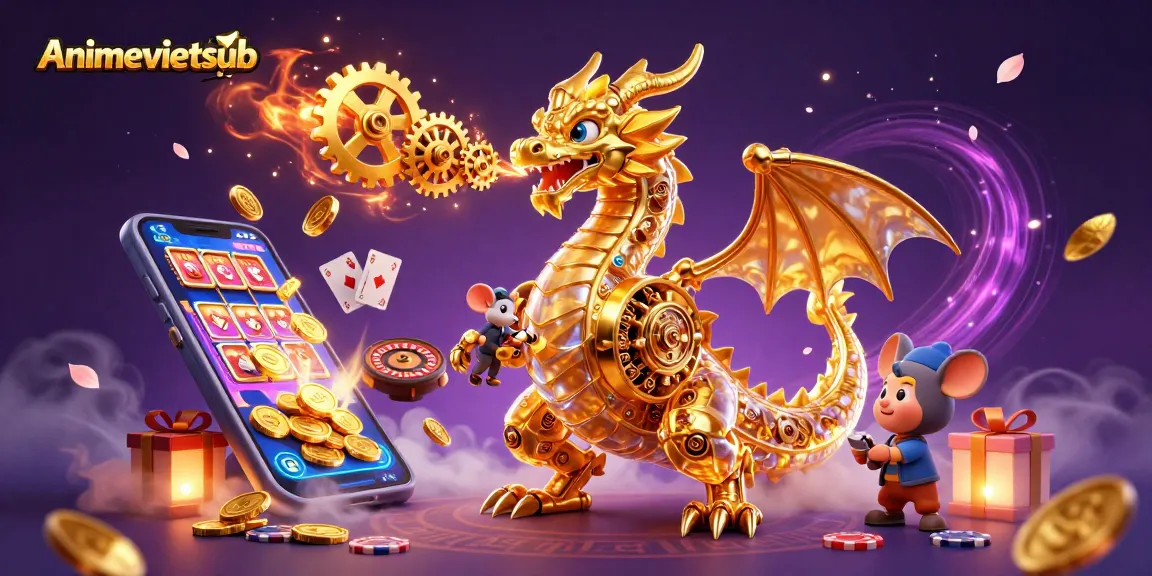 Engage with Animevietsub's thrilling slot action featuring dynamic 3D illustrations of gold-infused characters.