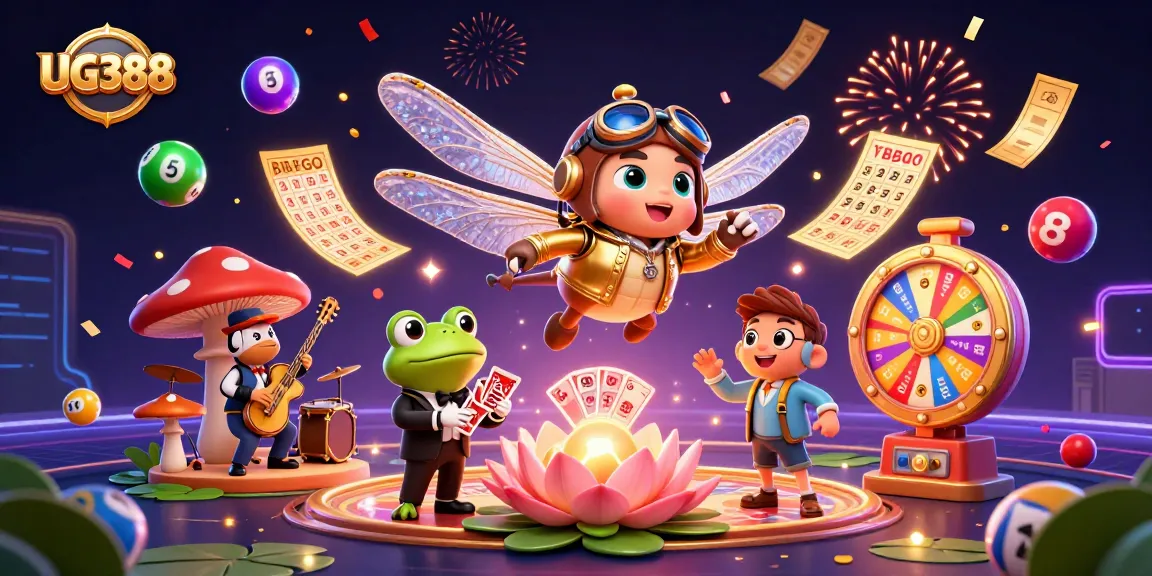 Experience the excitement of UG388 with a vibrant 3D casino scene featuring unique characters.