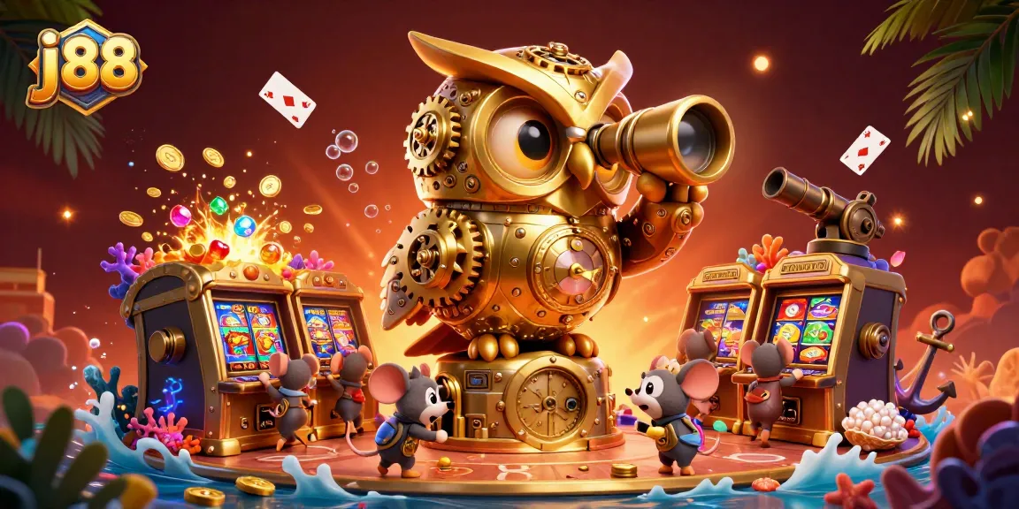 Play j 88 with vibrant 3D casino elements like slot machines and treasure chests in an energetic scene.