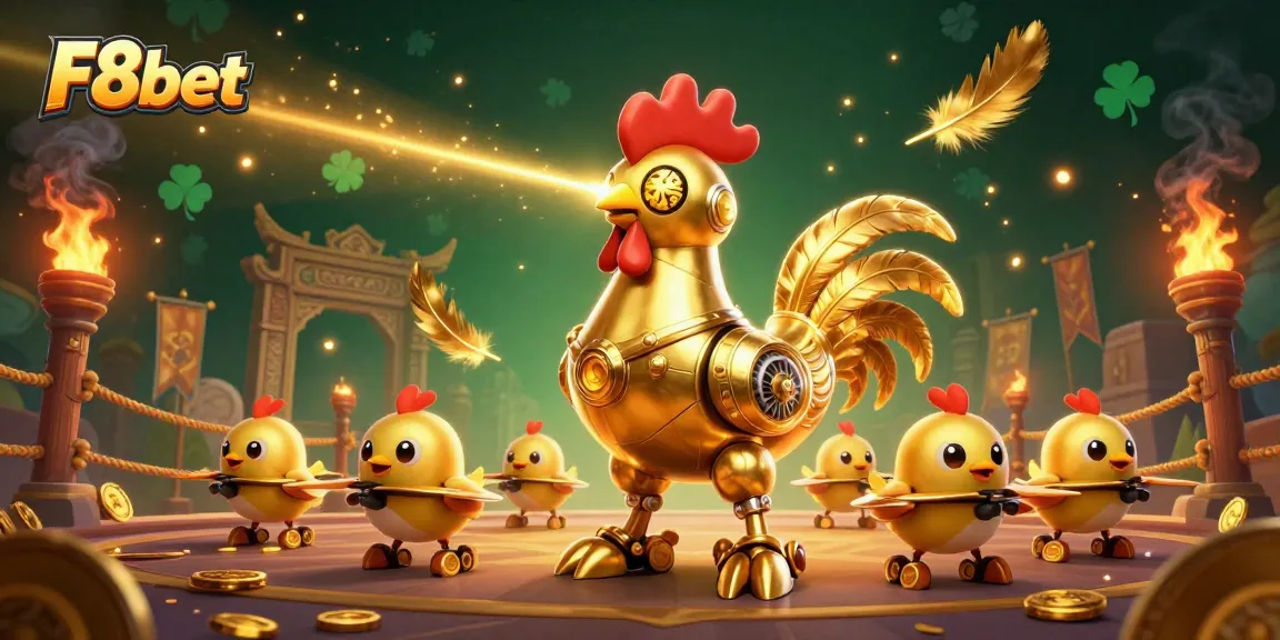Experience thrilling gameplay with F8bet's golden rooster robot and dynamic betting elements in a vibrant 3D scene.