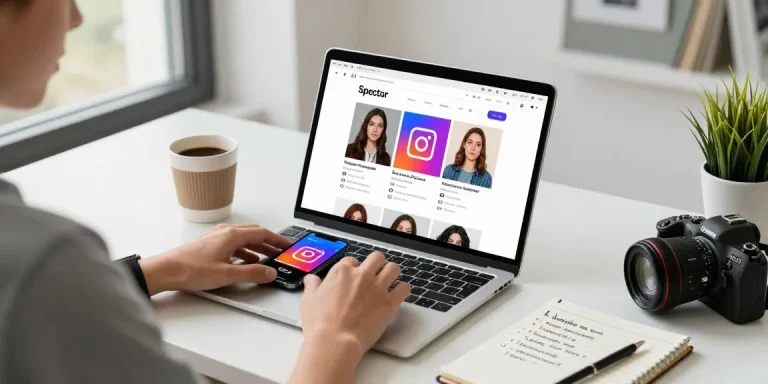 Downloading Instagram content quickly using Spector's platform at https://spector.net/ in a bright workspace setting.