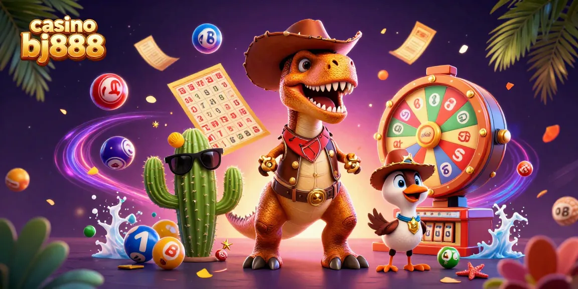 Experience the vibrant excitement at casino bj888 with a colorful 3D illustration of a cowboy dinosaur and friends!