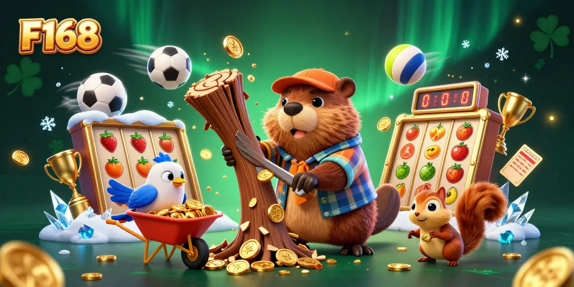 Bet on winnings with F168, illustrated scene of casino fun with characters collecting coins.