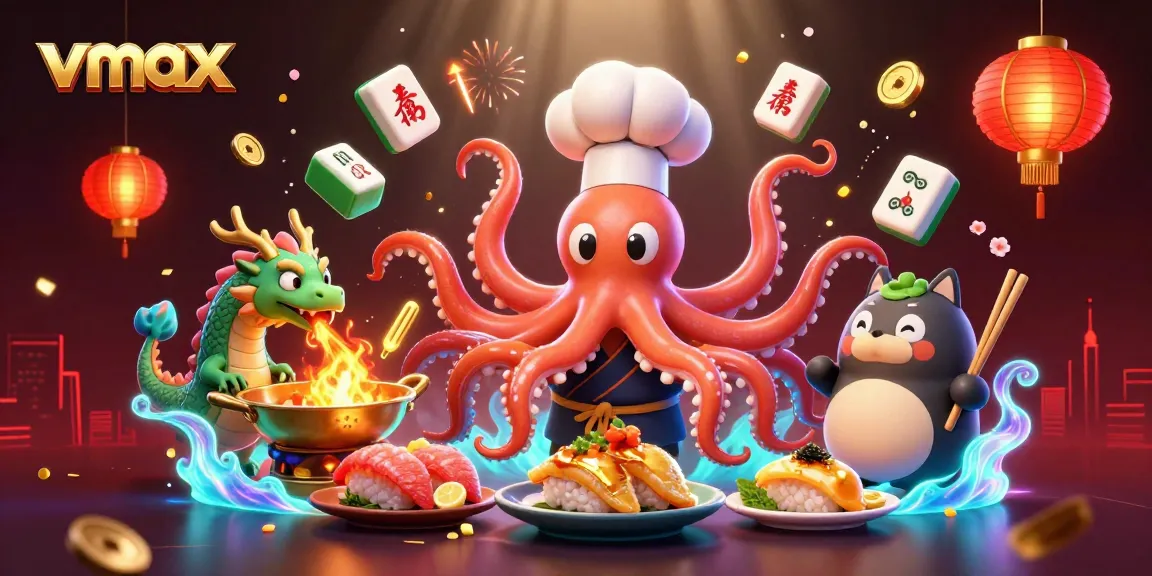 Experience vmax gaming with a dynamic scene featuring a cartoon octopus chef and dragon, illustrating exciting gameplay.