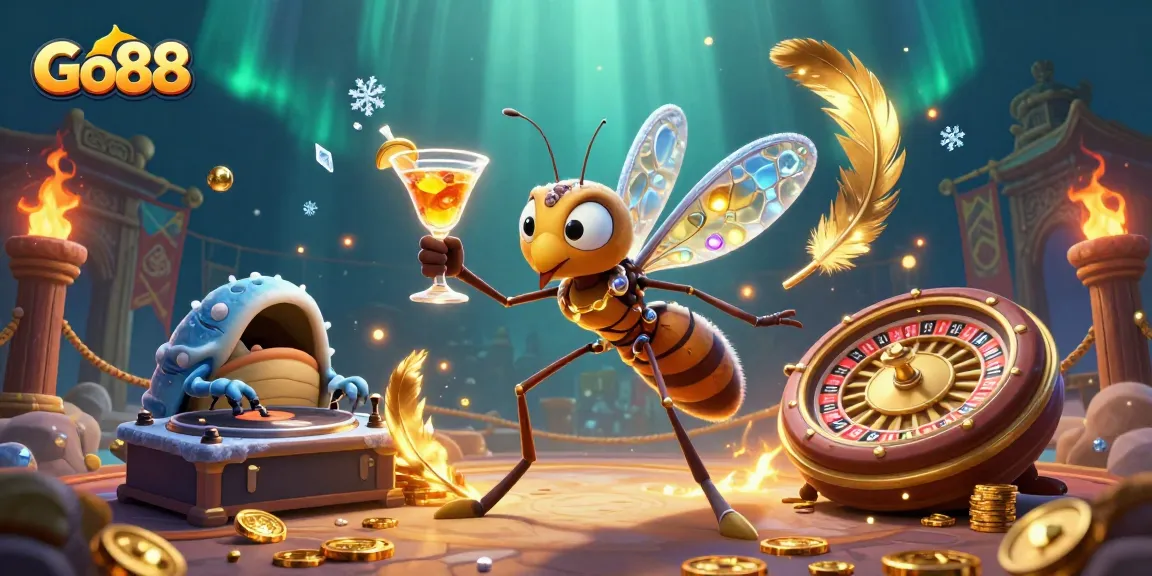 Experience thrilling gameplay at Go88 with a vibrant casino scene showcasing unique characters and golden elements.