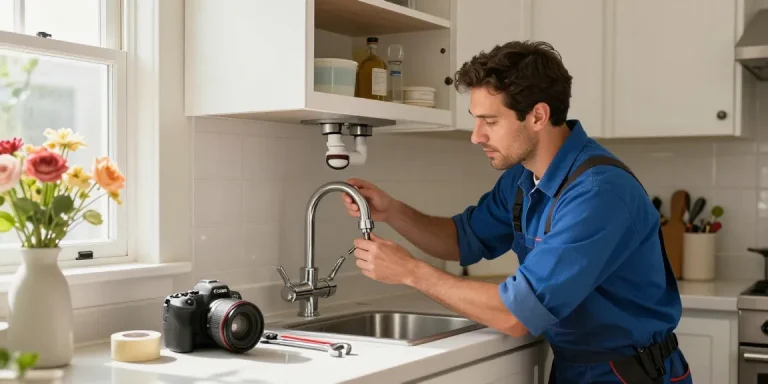 San Diego plumber repairing a leaky faucet in a bright kitchen, showcasing expert service.