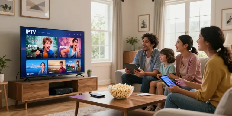 Family enjoying IPTV kopen together in a cozy living room, showcasing 4K content on Smart TV.