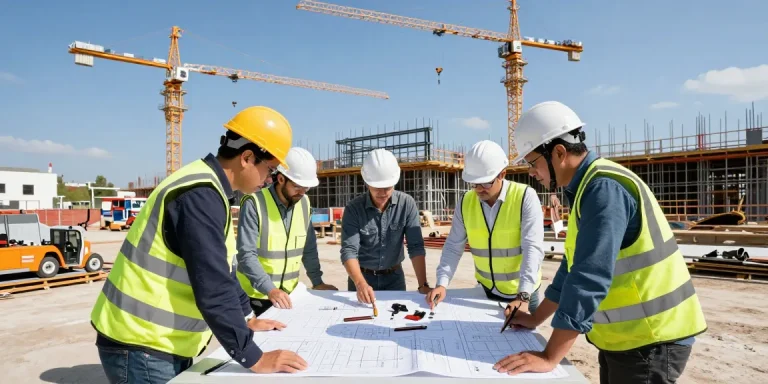 Engineers and architects at dpconsteel.in collaborating on pre-engineered building project at a bright construction site.