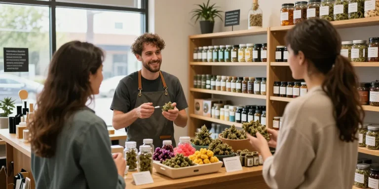 Shopper exploring cannabis strains at https://greatcanadianbuds.com, engaging with budtender amidst colorful displays.