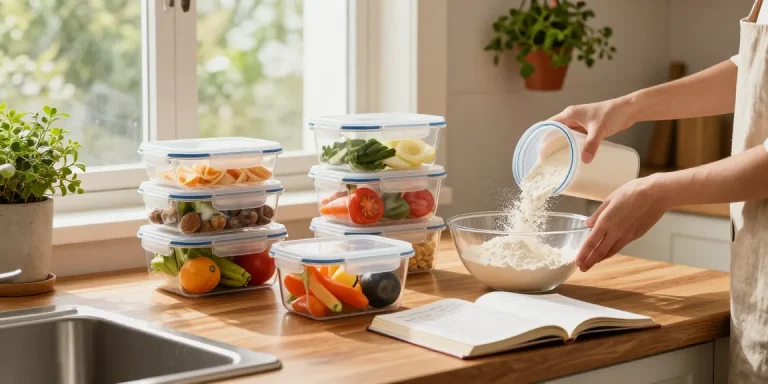 Modern kitchen with airtight food storage containers and fresh ingredients, showcasing a harmonious cooking environment.