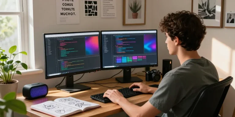 Youthful developer at home workspace showcasing the creative process on dejny.eu, surrounded by tech and art elements.