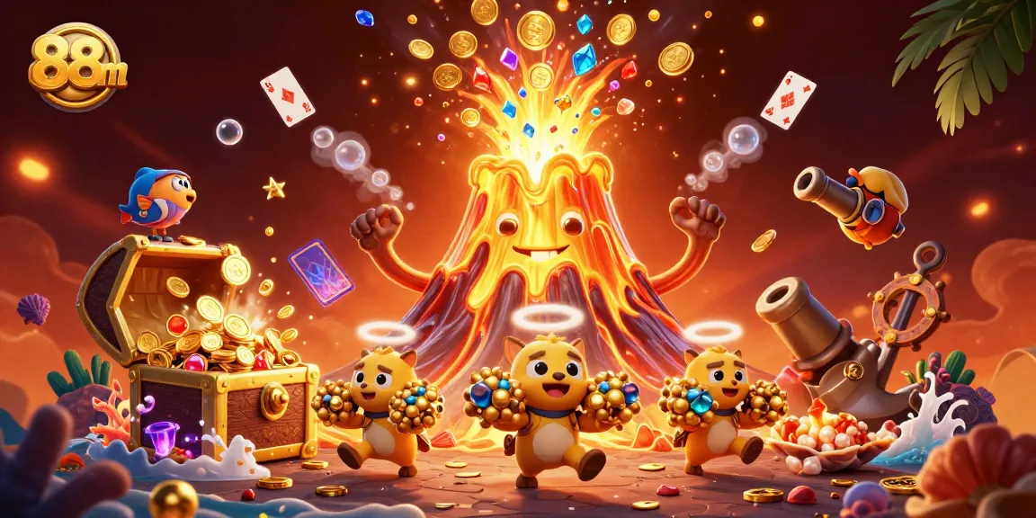 Experience the excitement of 88 m with treasures spilling from a golden volcano, amidst a dynamic casino scene!