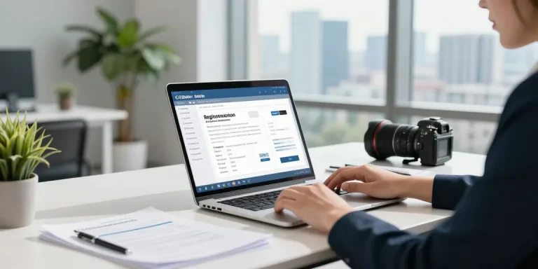 Înființare SRL: profesionist de afaceri la birou modern, folosind software pentru înregistrare.