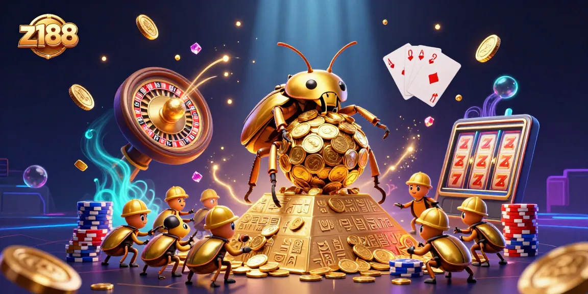 Experience thrilling wins with z188, featuring 3D beetles and a pyramid of gold coins.