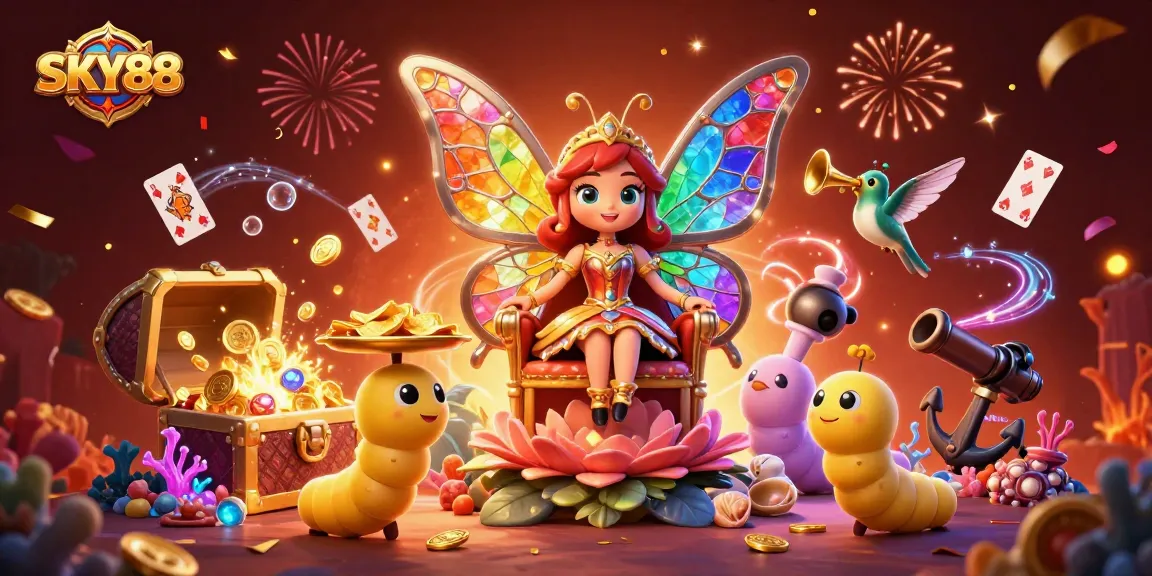 Experience the vibrant world of SKY88 with a butterfly queen and treasure-filled adventure.