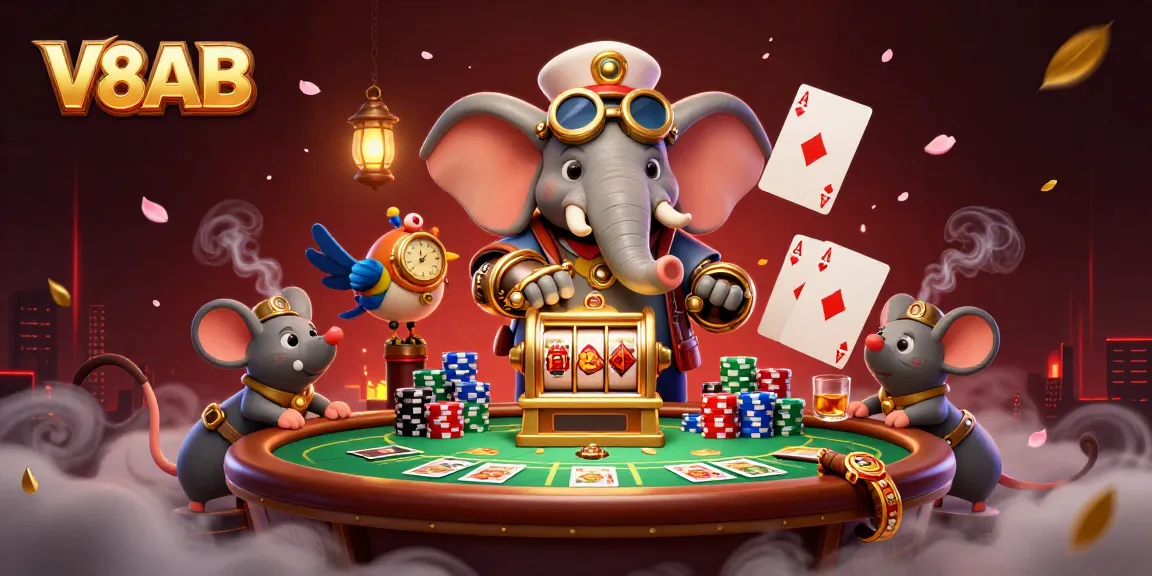 V8AB players engage in winnings with a vibrant casino scene featuring steampunk characters.
