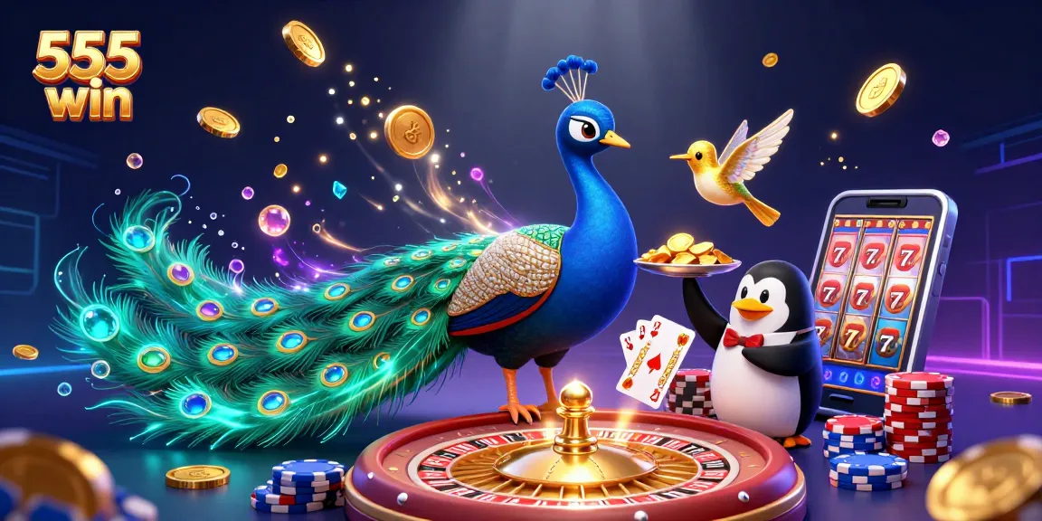 Experience thrilling gameplay with 555 win slots, featuring vivid casino characters under a dazzling background.