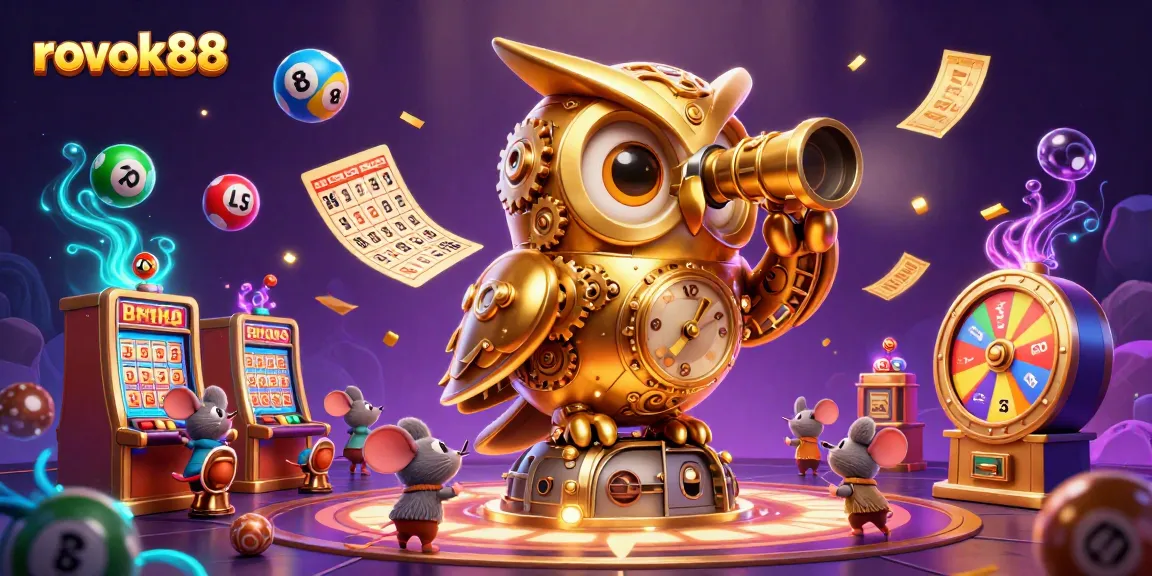 Experience rokok88 featuring a dynamic scene of a clockwork owl surveying a lively casino floor filled with vibrant elements.