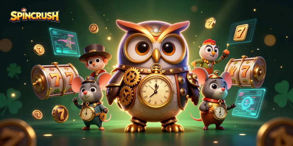 Engage with SPINCRUSH as a lively 3D owl uses steampunk elegance in a vibrant casino scene.