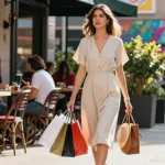 Young woman in a stylish modest dress enjoying shopping in a vibrant urban environment.