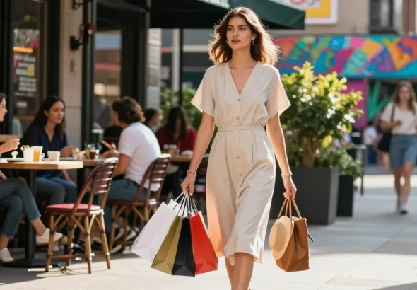 Young woman in a stylish modest dress enjoying shopping in a vibrant urban environment.