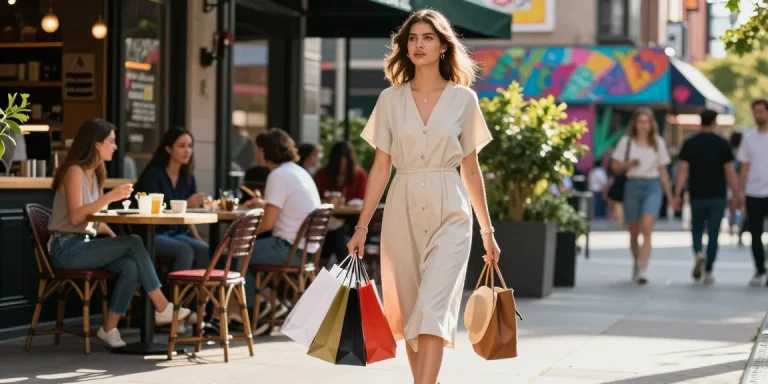 Young woman in a stylish modest dress enjoying shopping in a vibrant urban environment.
