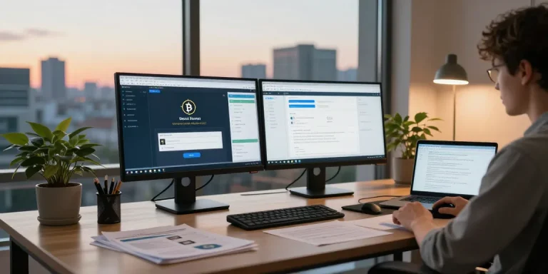 Crypto scam recovery analysis in a modern home office with dual monitors showing blockchain investigations and recovery processes.