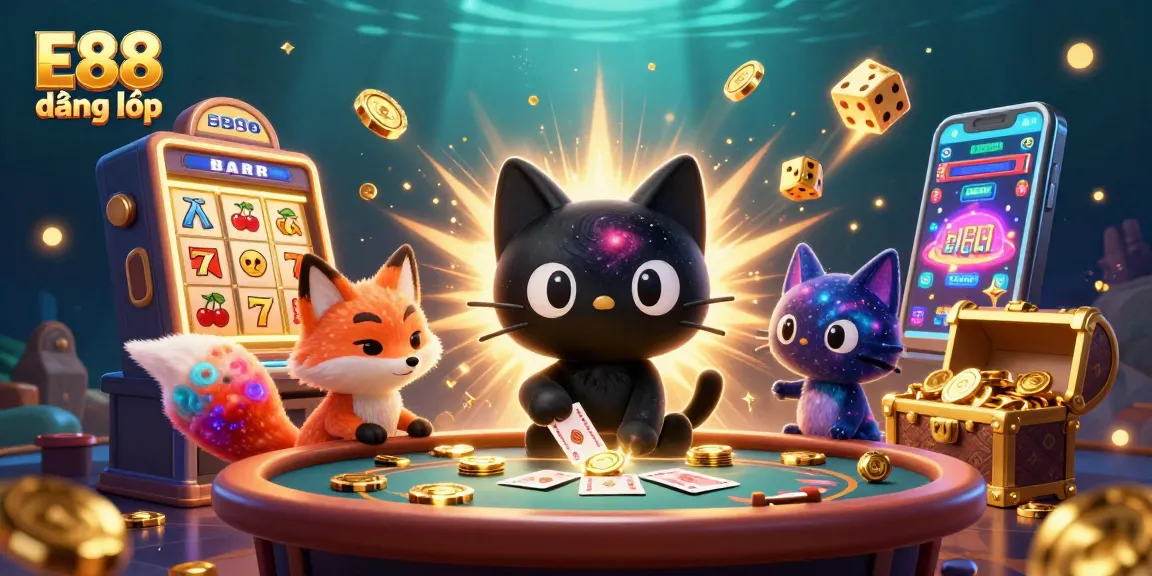 Experience E88 đăng nhập in a vibrant cosmic casino scene with golden chips and vibrant characters.