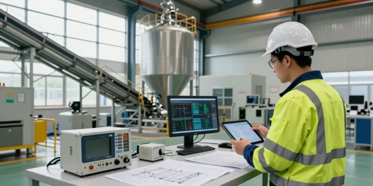 Engineer analyzing a bulk material handling system showcasing advanced engineering solutions with digital displays and conveyor designs.