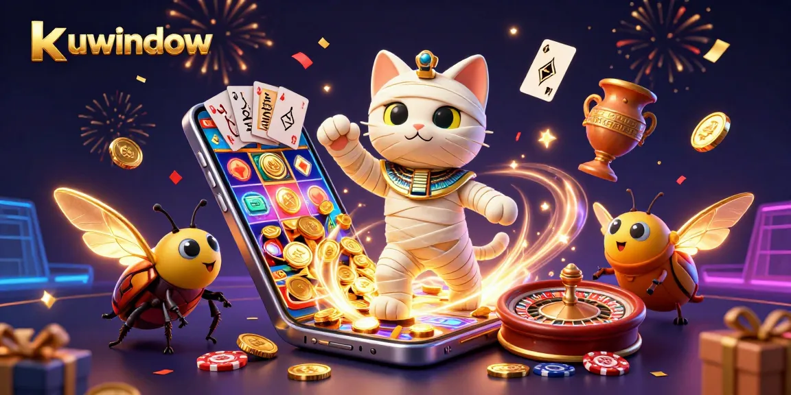 Play the exciting slots at kuwindow with a thrilling mummy cat and scarab beetle in a vibrant casino.