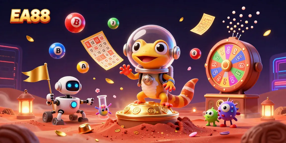 Play EA88 at a vibrant Mars casino with a gecko and robot alongside colorful lottery elements.