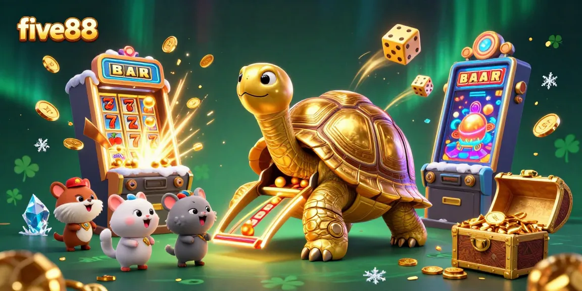 Experience the fun of five88 with cartoon tortoise and exciting casino elements!