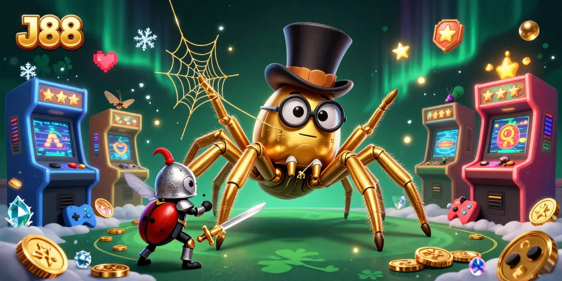 Engage with the J88 casino scene where a golden tarantula weaves luck amidst vibrant gaming elements.