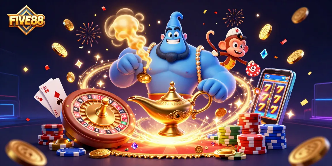 Experience exciting gameplay with FIVE88, capturing the thrill of casino action and vibrant visuals of poker chips and cards.