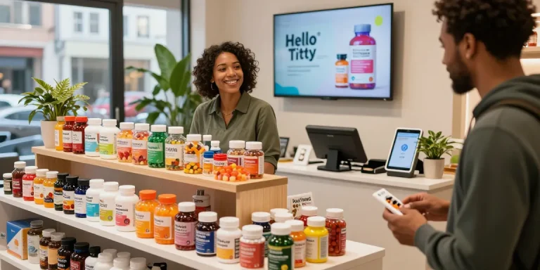 Colorful supplements and a friendly staff member in an inviting retail scene featuring hello titty products.