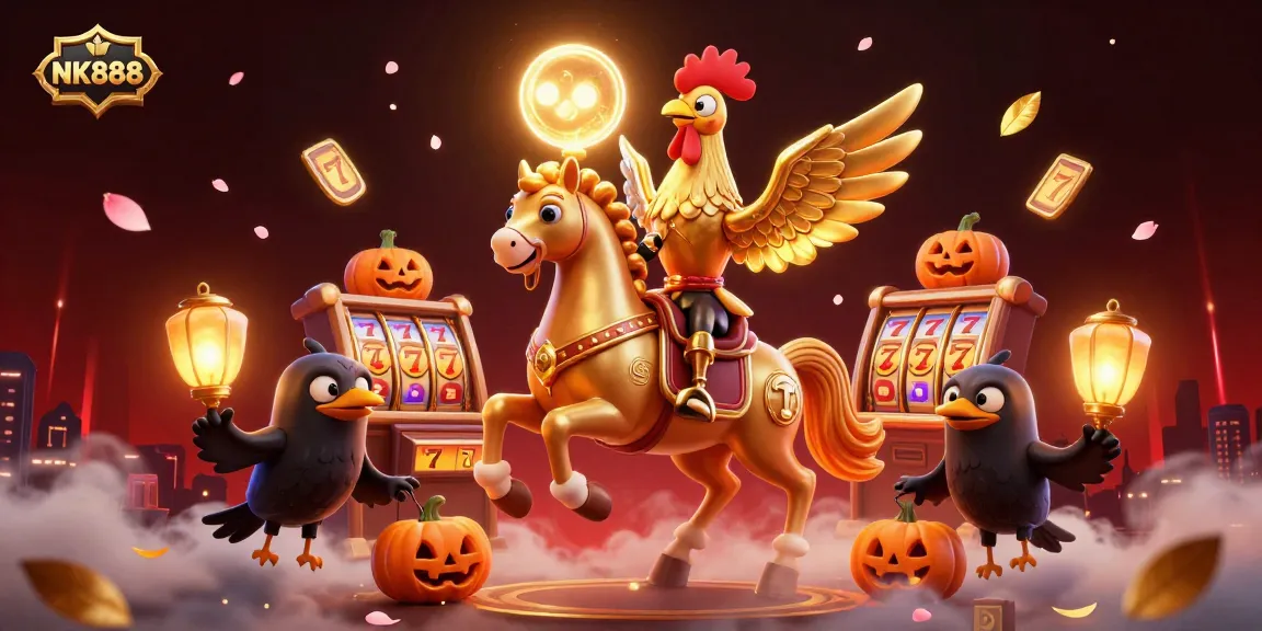 Experience thrilling slots action at NK888 with a magical midnight casino scene featuring a golden rooster and mystical elements.