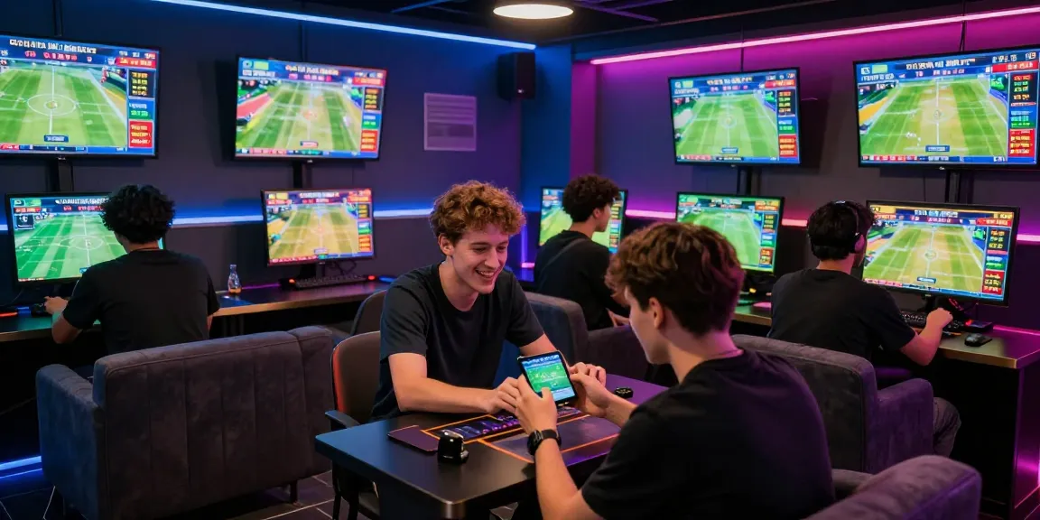 Diverse group of players enjoying live betting at 181bet in a modern gaming lounge.