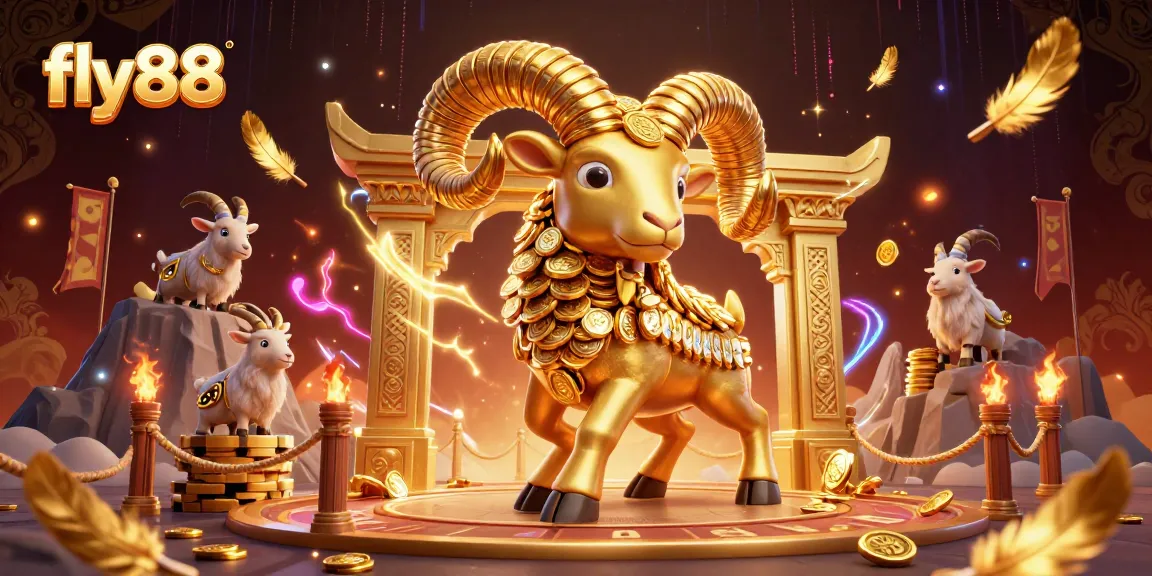 Experience exhilarating fly88 action with a golden ram and betting tokens in a vibrant casino scene.