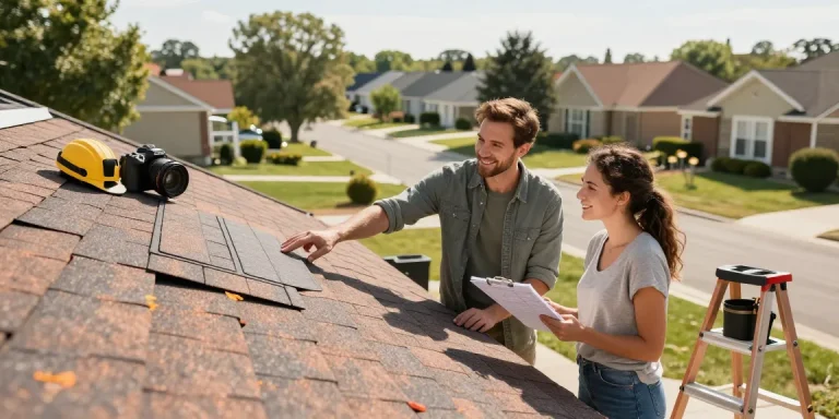 Roofing family inspecting new durable shingles in sunny neighborhood