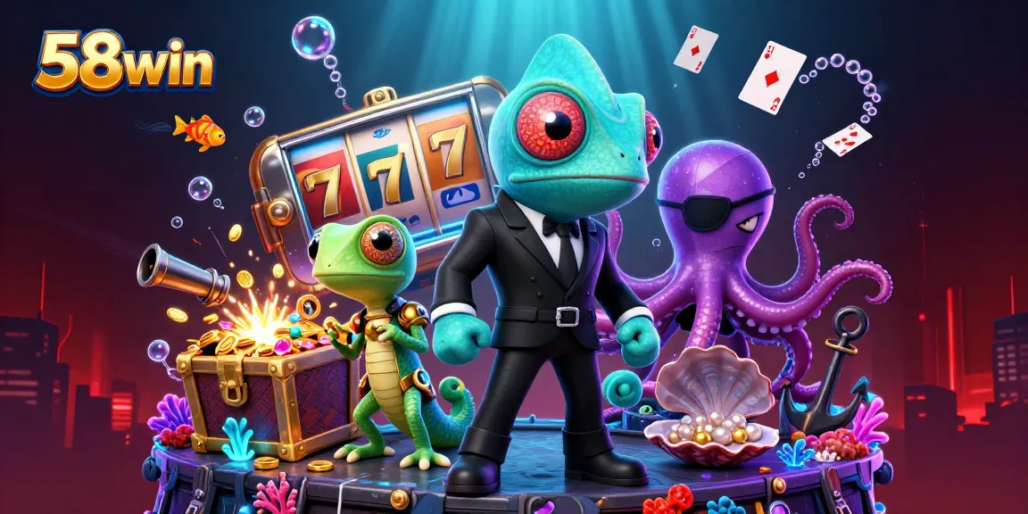 Engage in thrilling 58win slots adventure with secret agent chameleon and companions.