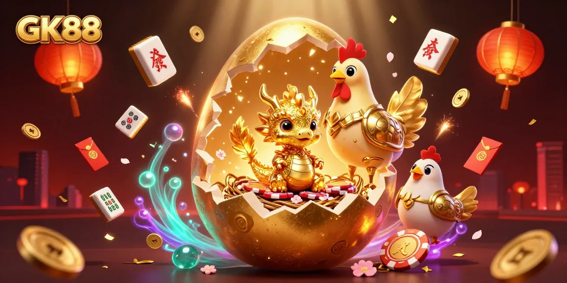 Engage with GK88 through this vibrant 3D casino scene featuring a golden dragon and poker chips.