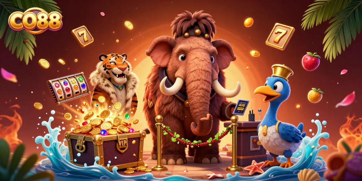 Experience exciting gaming at CO88 with a vibrant scene featuring cartoon mammoth, saber-tooth tiger, and casino jackpots.