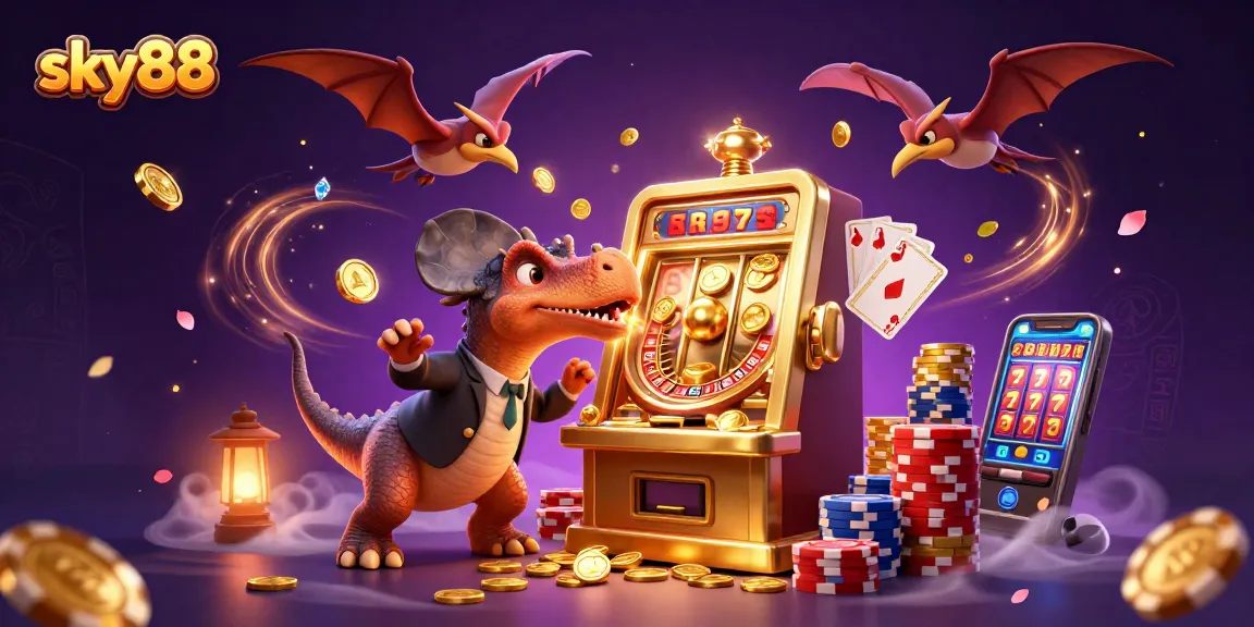 sky88 highlights jackpot excitement with dinosaurs and golden coins in a vibrant casino atmosphere