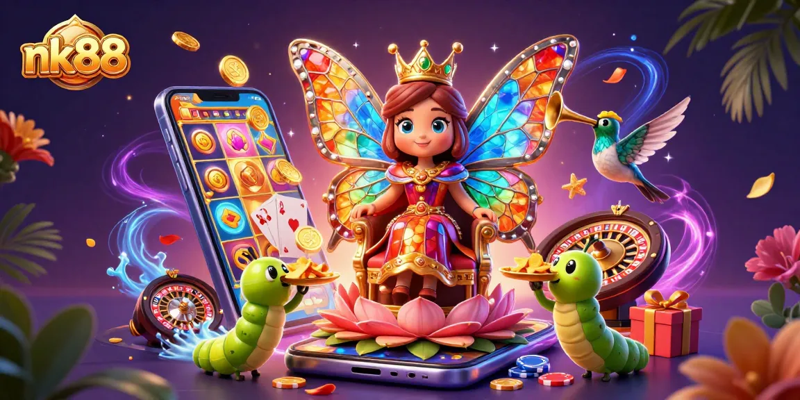 Win big at nk88 with ultra-detailed 3D casino illustration featuring a whimsical butterfly queen and vibrant gaming elements.