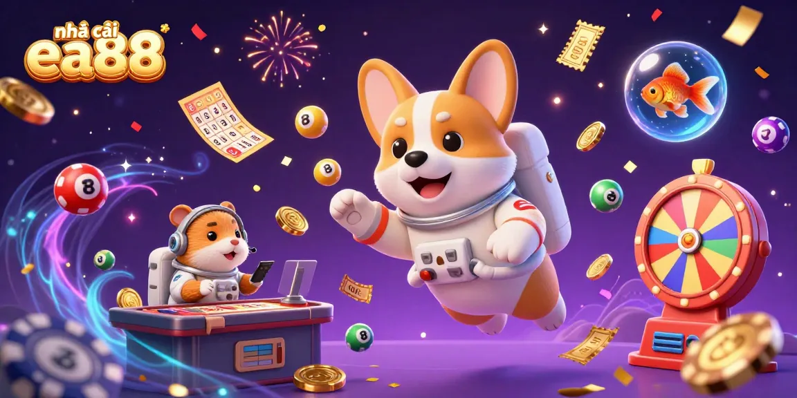 Engage with the vibrant world of nhà cái ea88 through an exciting cosmic casino illustration featuring a floating astronaut corgi and lively gaming elements.