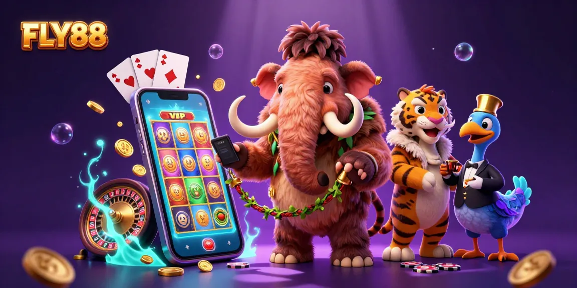 Engage in thrilling gameplay at FLY88 with a lively casino scene featuring vibrant characters and game elements.
