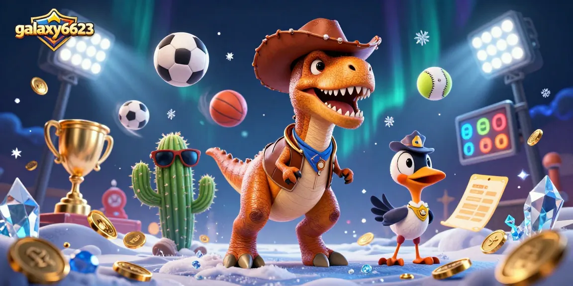 Engage with galaxy6623's vibrant gaming world, featuring a T-Rex cowboy and exciting sports elements.